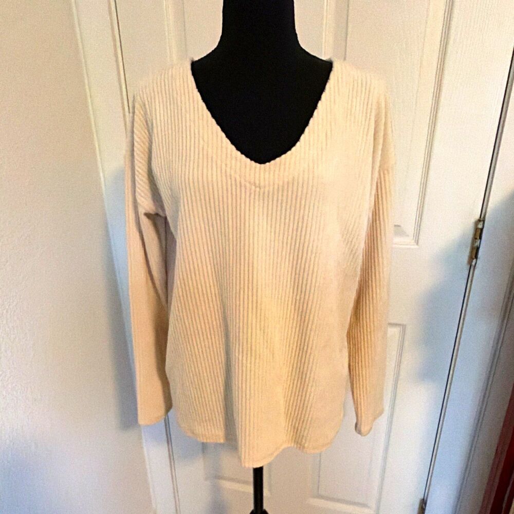 J. Jill Cotton Blend Rib-Knit V-Neck Long Sleeve Pullover Sweater S Cream